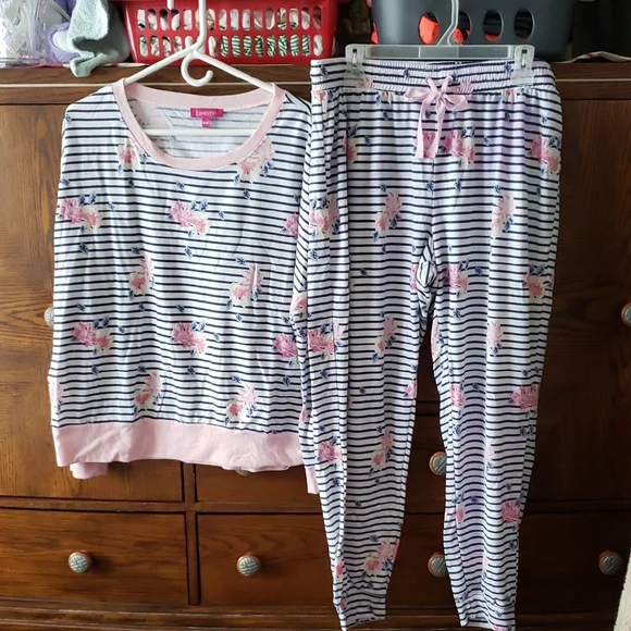 Carisma Women's Striped Pajama Set with Floral Accents - Picture 1 of 8